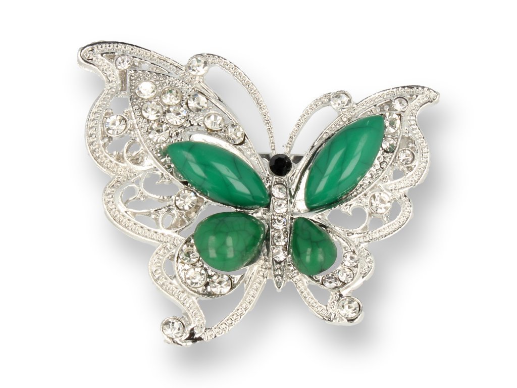 BROSZKA damska Srebrny Motyl z zielonymi kamieniami