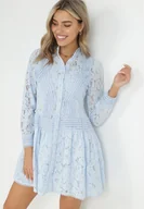 Sukienki - Niebieska Koszulowa Sukienka z Koronką Jolley - miniaturka - grafika 1