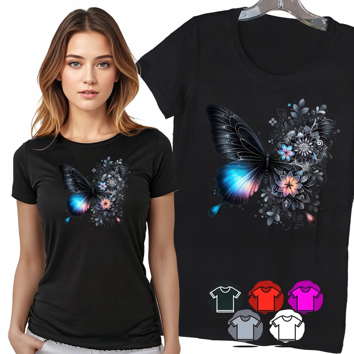 KOSZULKA DAMSKA T-SHIRT - MOTYL CZARNO NIEBIESKI KWIATY DAMSKI WZÓR - L