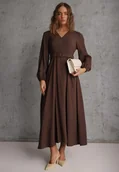 Sukienki - Brązowa Rozkloszowana Sukienka z Wiskozy z Paskiem ze Sprzączką Orille - miniaturka - grafika 1