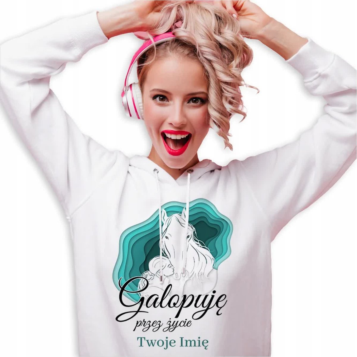 BLUZA DRESOWA Damska Kaptur Dla Koniar GALOPUJĘ PRZEZ ŻYCIE IMIĘ Wzory - S