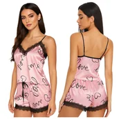 Piżamy damskie - Piżama satynowa z nadrukiem i koronką - różowa - XL - miniaturka - grafika 1