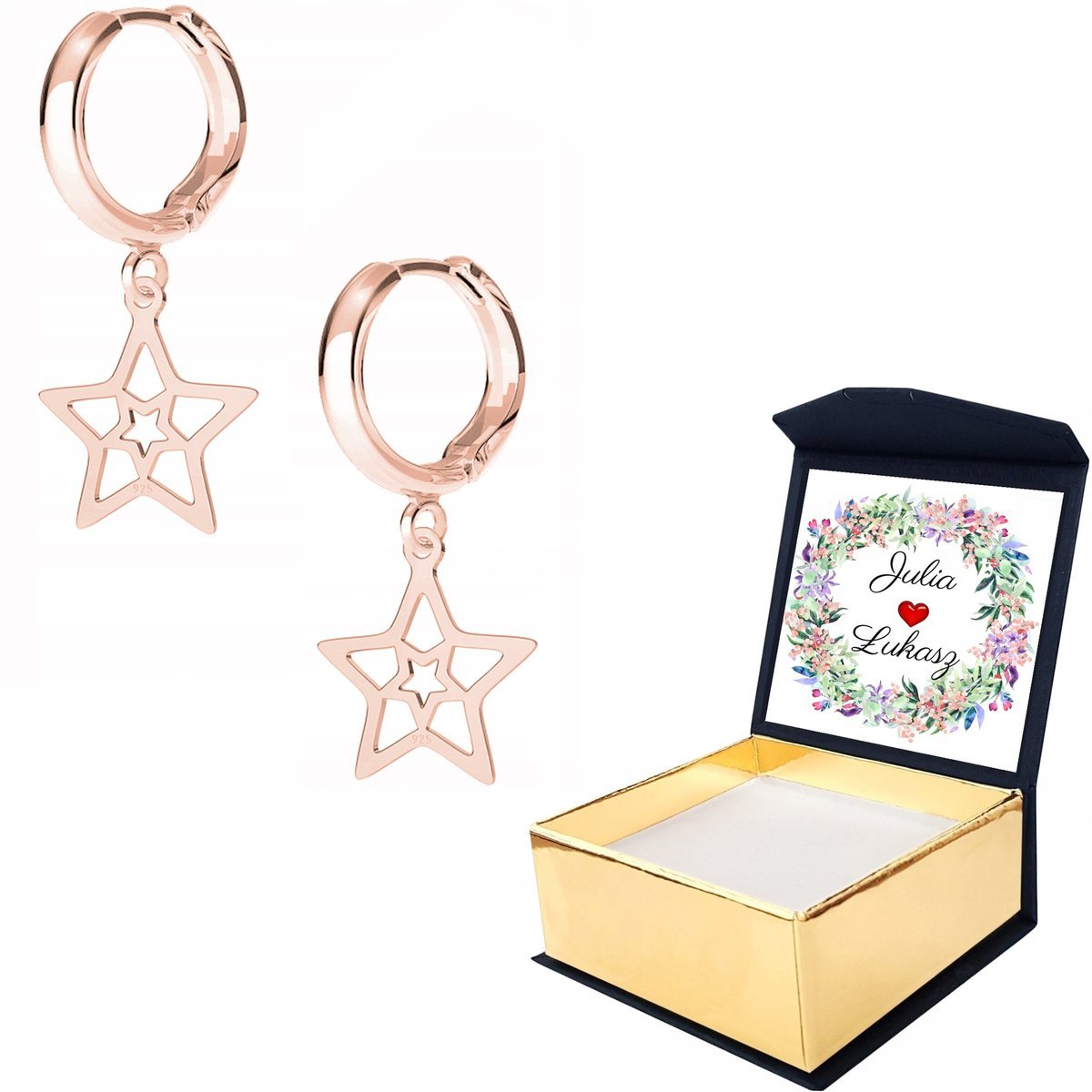 Kolczyki różowe złoto Gwiazda 925 + WŁASNY NADRUK