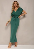 Sukienki - Zielona Sukienka Koktajlowa z Trójkątnym Dekoltem i Materiałowym Paskiem z Rozcięciem Wilni - miniaturka - grafika 1