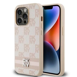 Etui DKNY Leather Checkered Mono Pattern & Printed Stripes na iPhone 14 Pro - różowe - Etui i futerały do telefonów - miniaturka - grafika 1