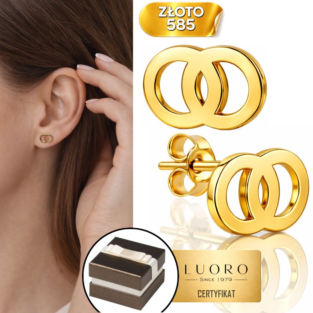 KOLCZYKI ZŁOTE 585 14K DWA KÓŁECZKA ZAZĘBIONE SZTYFT 9 MM ELEGANCKIE