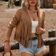 Kurtki damskie - TEMU Damska kurtka z długim rękawem w jednolitym kolorze z frędzlami i detalami z guzikami - Dekolt w serek, lekka, moda wiosna/, odzież wierzchnia - miniaturka - grafika 1