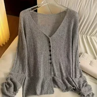 Swetry damskie - TEMU Elegancki i lekki kardigan z dekoltem w serek - przezroczysty letni szal z długim rękawem, odpowiedni na wiosnę//jesień, charakteryzujący się - miniaturka - grafika 1