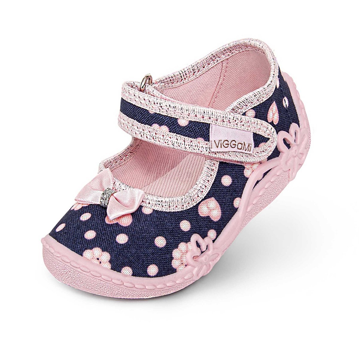 Dziewczęce kapcie na rzep w groszki z kokardką 3D granatowe