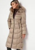 Kurtki damskie - Beżowa Pikowana Kurtka za Kolano z Kapturem i Futerkiem Naelora - miniaturka - grafika 1