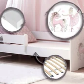 Łóżka dla dzieci i młodzieży - Białe Łóżko Dziecięce 140x70 cm z Motywem Dziewczynki z Jednorożcem i Barierką – W Zestawie Materac Piankowy, Wymiary: 144 x 77 x 56 cm - miniaturka - grafika 1