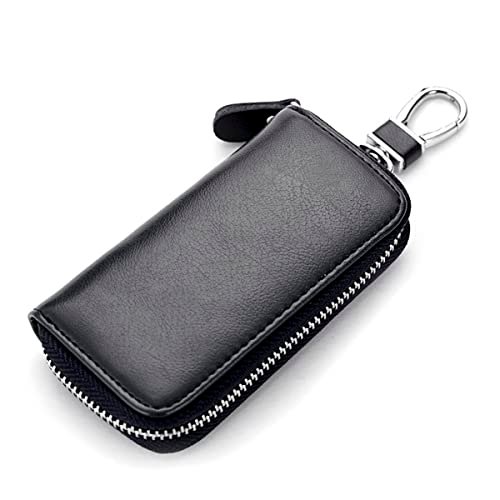‎SHOWAY Unisex męskie damskie skórzane etui na kluczyki samochodowe torba brelok etui portfel z 6 haczykami zapięcie na zamek błyskawiczny, czarny, 10,9 x 6,1 cm