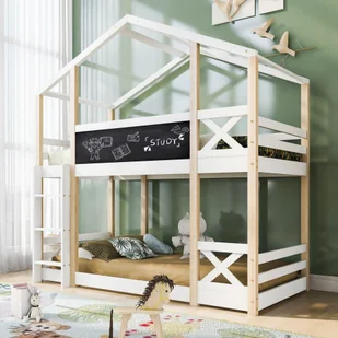Łóżko dziecięce Sweiko 90x200cm domek na drzewie z drabinką, łóżko na poddaszu dla dzieci - 2x stelaż listwowy - natura & biały - Łóżka dla dzieci i młodzieży - miniaturka - grafika 1