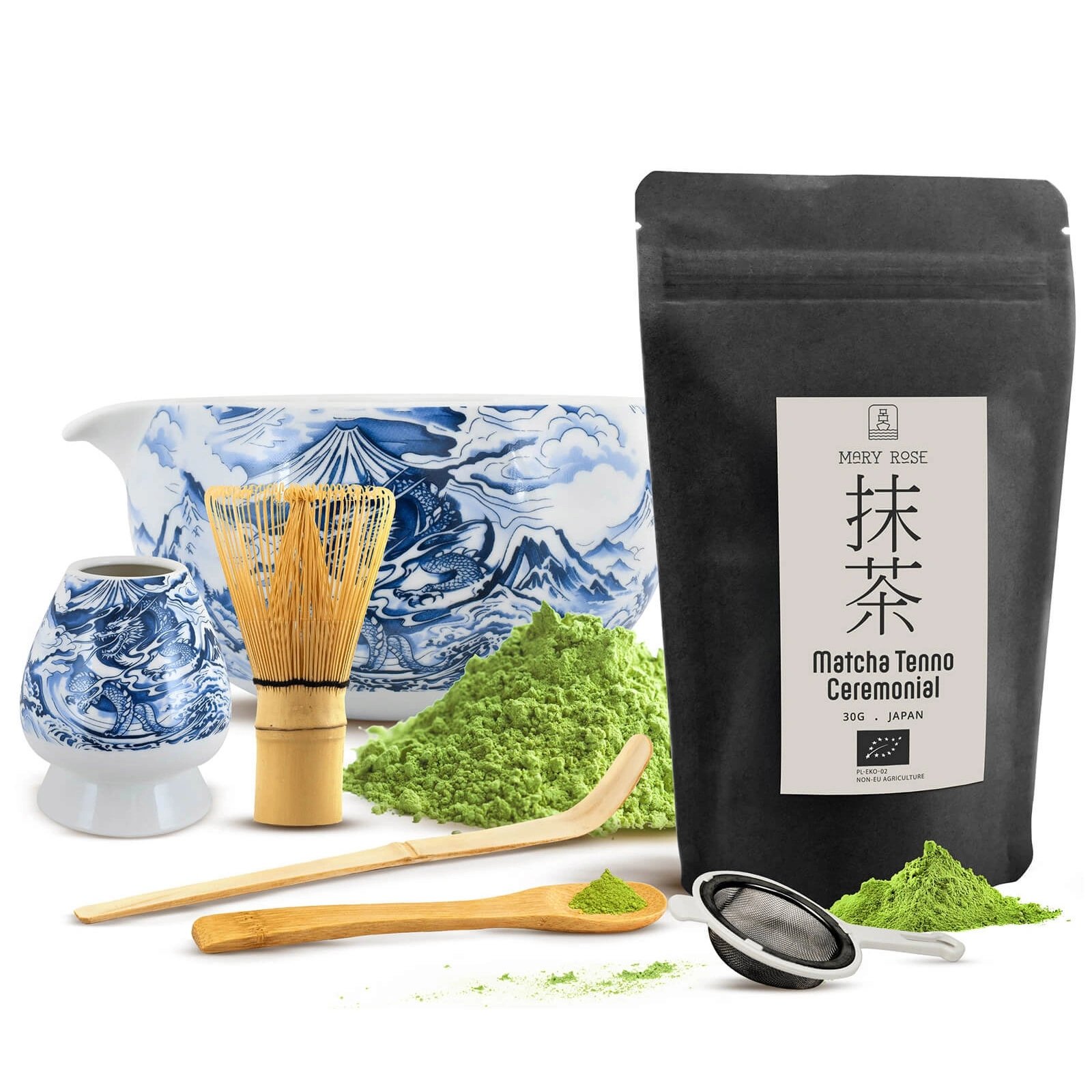 Zestaw akcesoriów Dragon do parzenia herbaty Matcha Ceremonialna Bio 30g