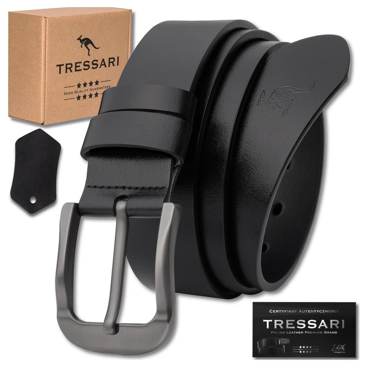 Męski pasek 125 cm TRESSARI 100% skóra naturalna skórzany czarny do spodni