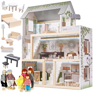 DOMEK DLA LALEK DREWNIANY BOHO MEBELKI + LALKI LALECZKI 6 SZT. ZESTAW XL - Domki dla lalek - miniaturka - grafika 1