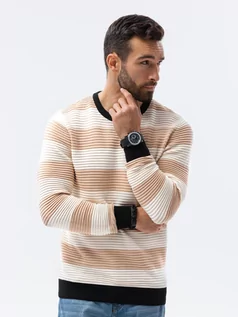 Swetry męskie - Sweter męski w paski E189 - beżowy - S - Ombre Clothing - grafika 1