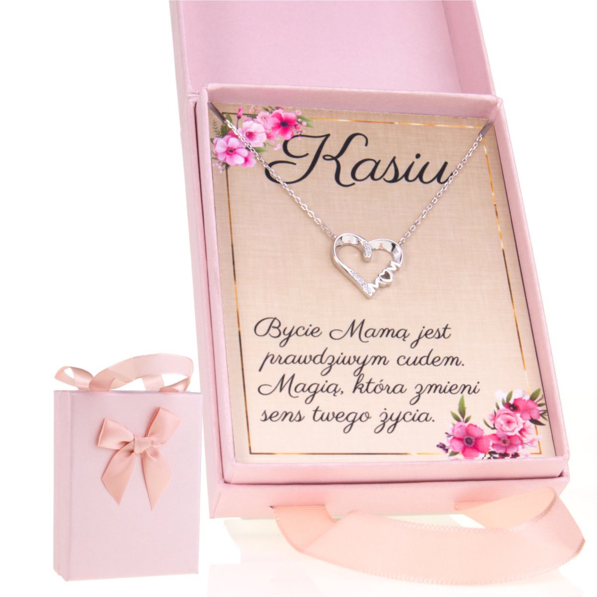 Srebrny Naszyjnik Mama Serce wysadzane cyrkoniami