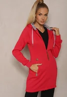 Bluzy damskie - Czerwona Bluza Długa z Kapturem Ozdobionym Napisami Sinellina - Renee - miniaturka - grafika 1