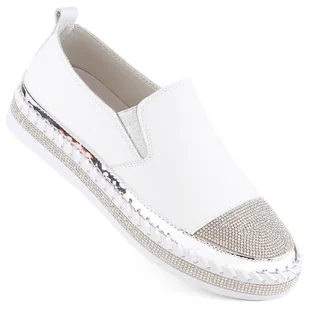 S.Barski Skórzane półbuty damskie wsuwane z cyrkoniami białe D&A LR370 - Półbuty damskie - miniaturka - grafika 1