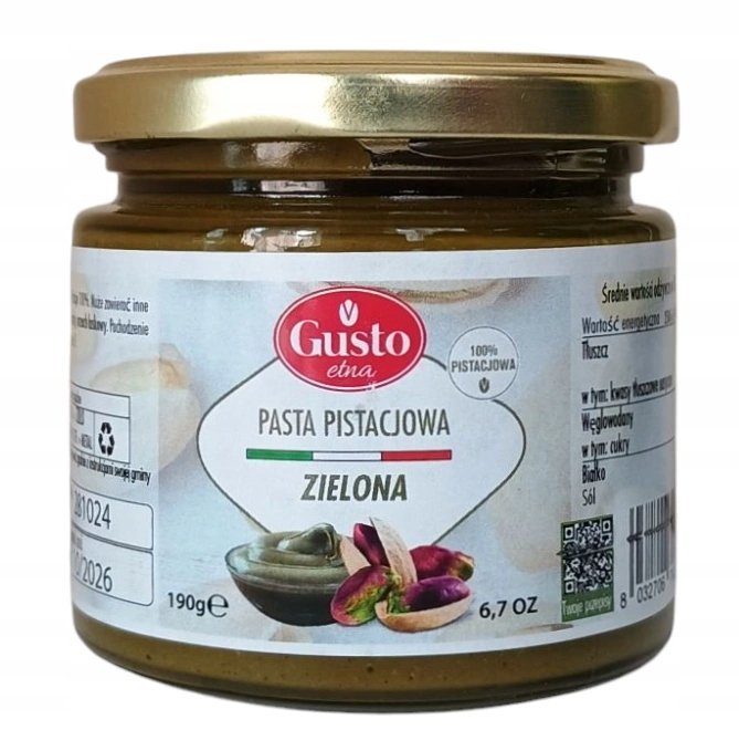 Pasta pistacjowa 100%, 190g Gusto Etna do kremów ciast dubajskiej czekolady