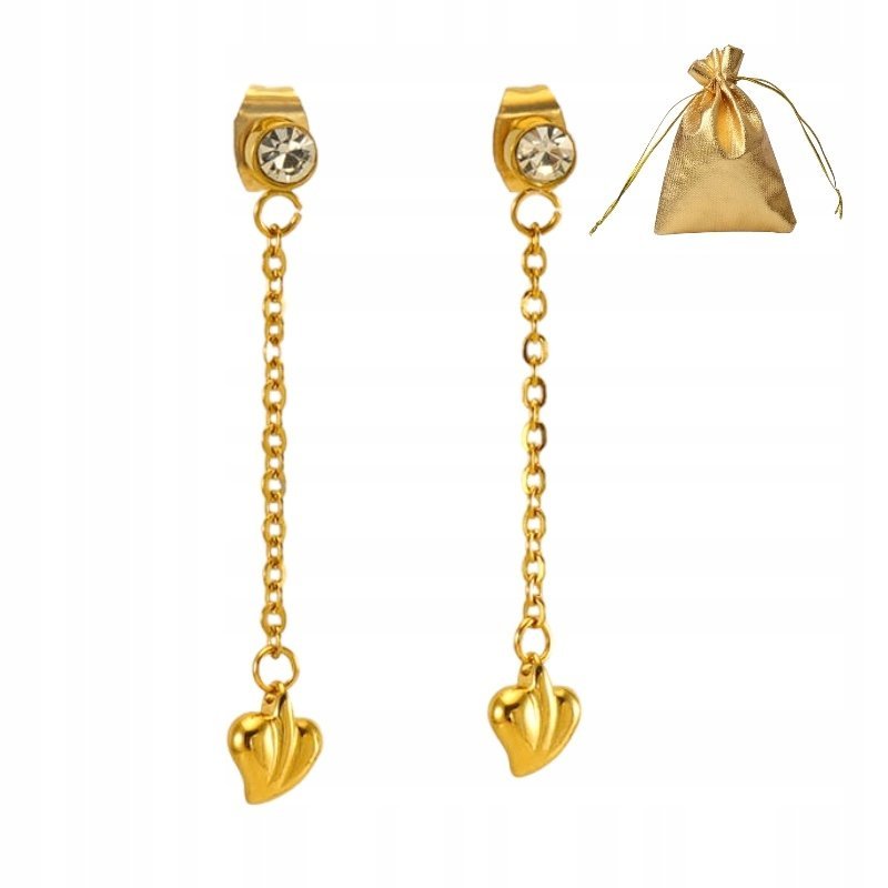 Kolczyki Złote wiszące z cyrkonią i serduszkiem Stal Ch.316L Sztyft 37mm