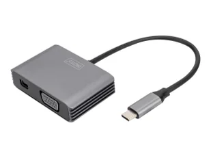 DIGITUS USB-C - mini DP + VGA Adapter 20cm 4K/30Hz silver aluminum housing - Złącza, przejściówki, adaptery - miniaturka - grafika 1