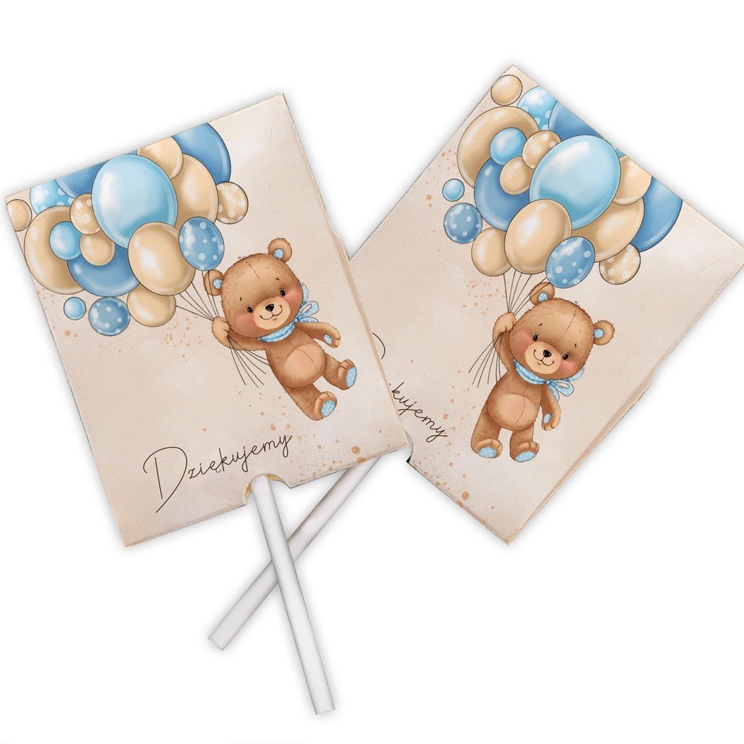 LIZAKI podziękowanie na Roczek i Chrzest Miś i baloniki błękit 10szt