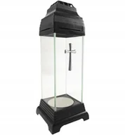 Lampiony i znicze - Znicz na grób mała kapliczka lampion szklany czarny z krzyżem srebrnym 25cm - miniaturka - grafika 1