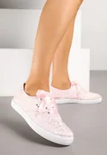 Trampki damskie - Różowe Tenisówki Wiązane Wstążką Zdobione Tłoczeniem w Kwiaty Palesiela - Renee - miniaturka - grafika 1