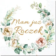 Dekoracje i nakrycia stołu na imprezę - Serwetki urodzinowe Mam już Roczek eukaliptus Róże kwiaty Pierwsze Urodziny - miniaturka - grafika 1