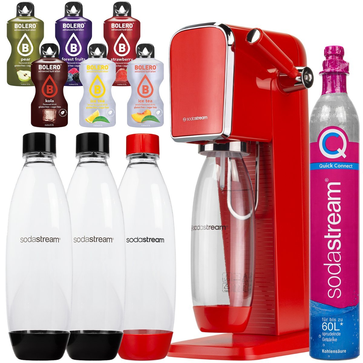 Zestaw Saturator Sodastream Art Red Trzy Butelki Nabój + Dodatki