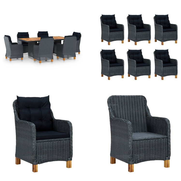 vidaXL 7-częściowy ogrodowy zestaw jadalniany z poduszkami z rattanu w kolorze ciemnoszarym - Zestaw mebli ogrodowych - Zestawy mebli ogrodowych - Stół i krzesło ogrodowe - Stoły i krzesła ogrodowe
