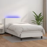 Łóżka - Łóżko kontynentalne z materacem i LED, biała ekoskóra 90x190 cm Lumarko! - miniaturka - grafika 1