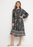 Sukienki - Ciemnoszara Sukienka we Wzory Boho Pudełkowa z Paskiem w Talii Lisanea - miniaturka - grafika 1