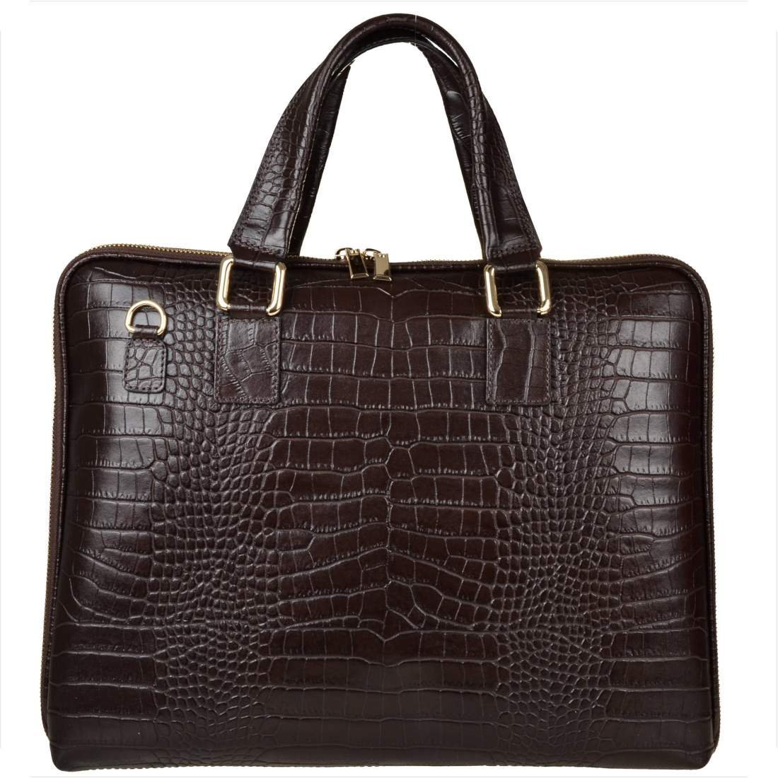 Skórzana aktówka damska wzór krokodylej skóry brąz czekolada