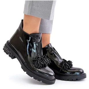 S.Barski Skórzane Lakierowane Botki Z Ozdobą Ocieplane D&A LZ42-036 Czarne - Botki damskie - miniaturka - grafika 1