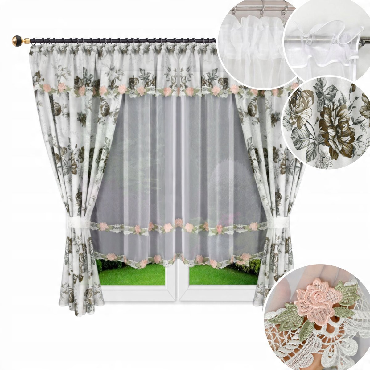 Firana gotowa woalowa z gipiurą z motywem KWIATOWYM 400x160