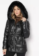 Kurtki damskie - Czarna Pikowana Kurtka z Kapturem z Futerkiem Flavara - miniaturka - grafika 1