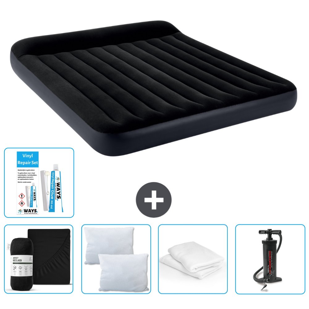 Łóżko powietrzne Intex - 2 osoby - 183 x 203 x 25 cm - Ciemnoniebieski - W zestawie prześcieradło - Pocałunek - Pompka - Zestaw naprawczy en Ochraniacz na poduszkę