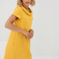 Sukienki - TEMU Żółta sukienka lniana, prosta sukienka z golfem, krótka sukienka w kształcie A, casualowa sukienka średniej długości - miniaturka - grafika 1