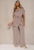 Komplety damskie - Ciemnobeżowy Komplet ze Spodniami o Szerokim Kroju i Koszulą z Ozdobnym Wiązaniem Filaniella - miniaturka - grafika 1