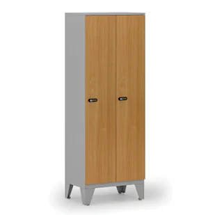 Drewniana szafa ubraniowa, obniżona, 2-drzwiowa, 1660 x 600 x 400 mm, zamek mechaniczny z kodem, szary/buk - Szafki BHP - miniaturka - grafika 1