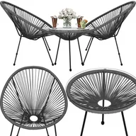 Meble ogrodowe - Meble ogrodowe rattanowe dla 2 osób stół ze szkłem hartowanym 2 fotele ażurowe czarno-szare - miniaturka - grafika 1