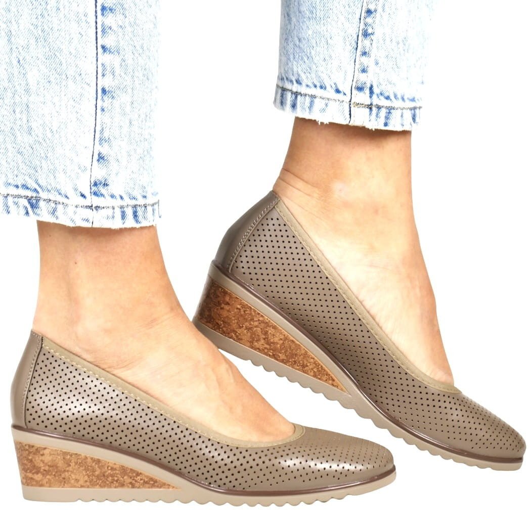 PÓŁBUTY NA KOTURNIE AŻUROWE MOKASYNY VINCEZA 58629 TAUPE, 36, 23,0cm