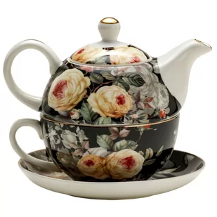 Marco Polo SJ Dzbanek Do Herbaty I Kawy Porcelanowy Z Filiżanką I Spodkiem Kremowa Róża Czarny 0,45 L - Dzbanki i imbryki - miniaturka - grafika 1