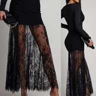 Spódnice - TEMU Bardziej Elegancka Spódnica Podkreślająca Biodra z Zakończonym Brzegiem, Czarna Koronka z Frędzlami - miniaturka - grafika 1