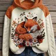 Bluzy damskie - TEMU Damski Przytulny Sweter z Kapturem w Liski i Wzory Floralne - Rustykalna Beżowa & Pomarańczowy Pulower o Luźnym Fasonie, Długa Bluza na Zimę do - miniaturka - grafika 1