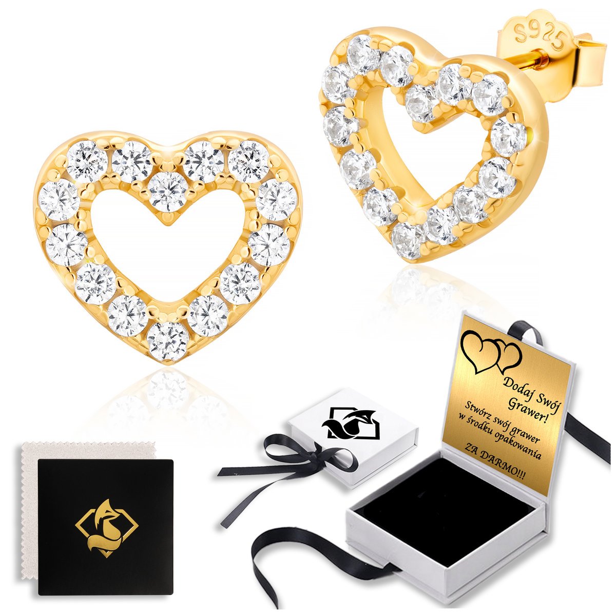 Złote Kolczyki w Kształcie Serca z Cyrkoniami Srebro Pozłacane 925 GRAWER