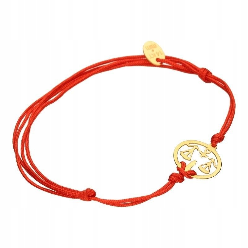 Bransoletka złota 585 z czerwonym sznurkiem i złotym symbolem zodiaku Waga
